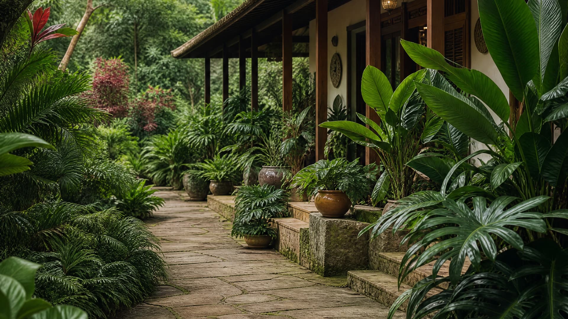 Imagem de ambientação produzida por IA: Varanda-jardim com folhagens em diferentes alturas e um caminho de pedra entre vasos, sob luz natural.